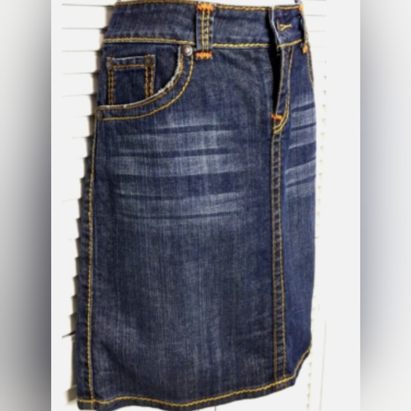 HOT TO TROT Retro Denim Mini Skirt Orange Stitching Above Knee Blue, Women's L - Picture 2 of 6